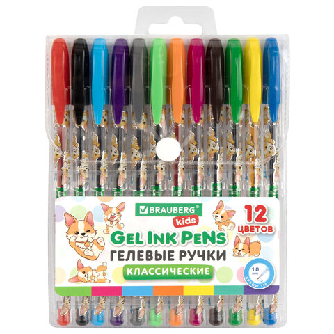 Ручки гелевые КЛАССИЧЕСКИЕ BRAUBERG KIDS "CUTE ANIMALS", НАБОР 12 ЦВЕТОВ, корпус с печатью, узел 1 мм, линия письма 0,7 мм, 144445