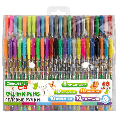 Ручки гелевые BRAUBERG KIDS "CUTE ANIMALS", НАБОР 48 ЦВЕТОВ, корпус с печатью, узел 1 мм, линия письма 0,7 мм, 144449