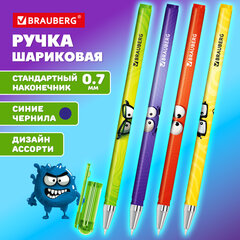 Ручка шариковая с принтом BRAUBERG "МОНСТРИКИ", СИНЯЯ, SOFT TOUCH покрытие, узел 0,7 мм, линия письма 0,35 мм, 144482