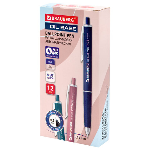 Ручка шариковая автоматическая BRAUBERG "OIL-BASE VINTAGE", корпус ассорти, СИНЯЯ, пишущий узел 0,5 мм, линия письма 0,3 мм, 144500 - фото 11