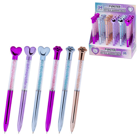 Ручка поворотная с топпером шариковая FUNSTER "SHINY HEART&PAW", СИНЯЯ, ассорти, пишущий узел 0,7 мм, 144519