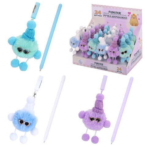 Ручка с пушистой подвеской шариковая FUNSTER "FLUFFY HAT", СИНЯЯ, пишущий узел 0,7 мм, 144524