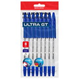 Ручки шариковые с грипом BRAUBERG "ULTRA GT", НАБОР 8 ШТУК, СИНИЕ, корпус прозрачный, узел 1 мм, линия 0,5 мм, 144529