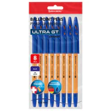 Ручки шариковые с грипом BRAUBERG "ULTRA GT ORANGE", НАБОР 8 ШТУК, СИНИЕ, корпус оранжевый, узел 0,7 мм, линия 0,35 мм, 144530