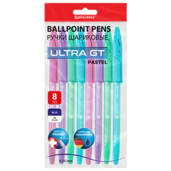 Ручки шариковые с грипом BRAUBERG &laquo;ULTRA GT PASTEL&raquo;, НАБОР 8 ШТУК, СИНИЕ, узел 0,7 мм, линия 0,35 мм, 144532