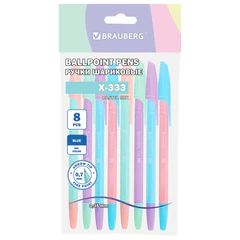 Ручки шариковые BRAUBERG &laquo;X-333 PASTEL MIX&raquo;, НАБОР 8 ШТУК, СИНИЕ, узел 0,7 мм, линия письма 0,35 мм, 144535