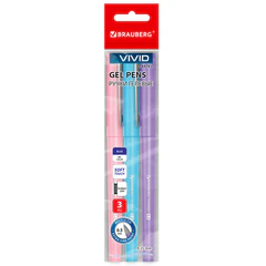 Ручки гелевые с грипом BRAUBERG &laquo;VIVID PASTEL&raquo;, СИНИЕ, НАБОР 3 ШТ., игольчатый узел 0,5 мм, линия письма 0,35 мм, 144540