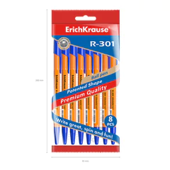 Ручки шариковые ERICH KRAUSE R-301 &laquo;Stick Orange&raquo;, СИНИЕ, набор 8 штук, 0,7 мм, 56614
