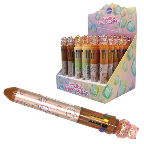 Ручка многоцветная с топпером шариковая 10 ЦВЕТОВ "Капибара", ассорти, линия 0,5 мм, 77427