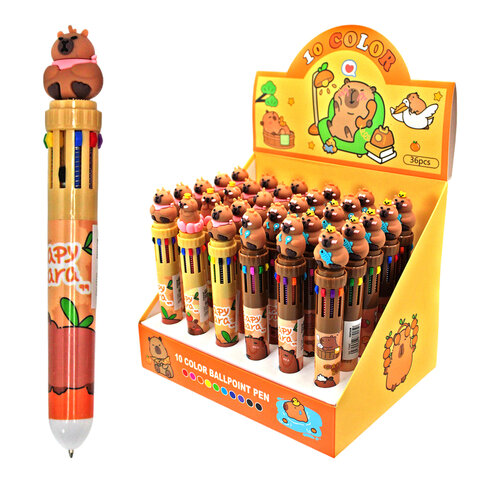 Ручка многоцветная с топпером шариковая 10 ЦВЕТОВ "Капибара", ассорти, линия 0,5 мм, 77427