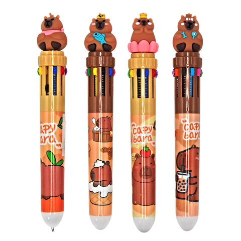 Ручка многоцветная с топпером шариковая 10 ЦВЕТОВ "Капибара", ассорти, линия 0,5 мм, 77427 - фото 2