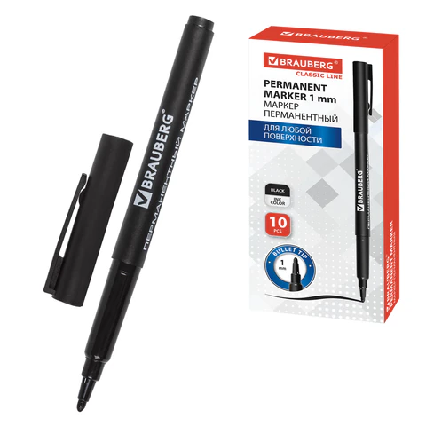 Маркер перманентный BRAUBERG "CLASSICLine", ЧЕРНЫЙ, тонкий наконечник 1 мм, 150296