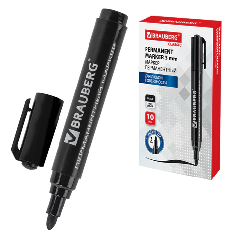 Маркер перманентный BRAUBERG "Classic", ЧЕРНЫЙ, круглый наконечник, 3 мм, с клипом, 150300