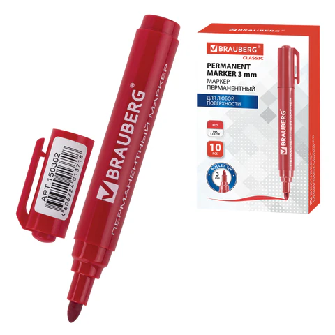 Маркер перманентный BRAUBERG "Classic", КРАСНЫЙ, круглый наконечник, 3 мм, с клипом,150302