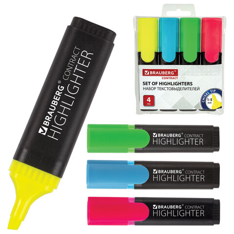 Набор текстовыделителей BRAUBERG 4 шт., АССОРТИ, "Contract", линия 1-5 мм, 150394