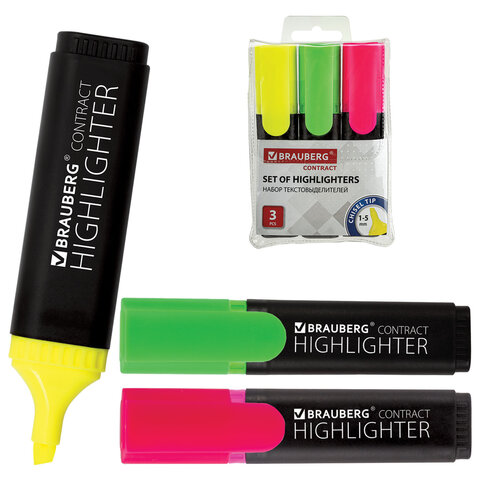 Набор текстовыделителей BRAUBERG 3 шт., АССОРТИ, "Contract", линия 1-5 мм, 150395