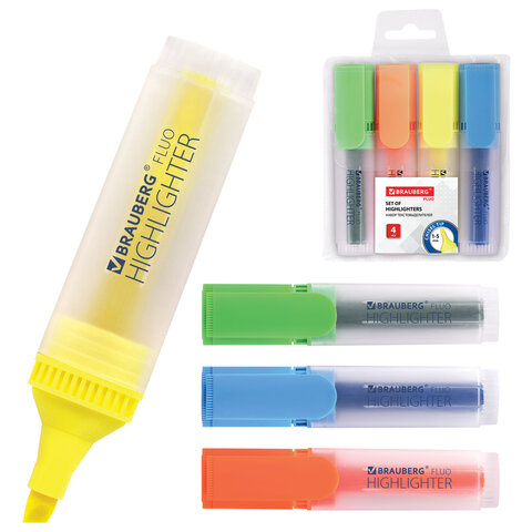 Набор текстовыделителей BRAUBERG 4 шт., АССОРТИ, "FLUO", линия 1-5 мм, 150403