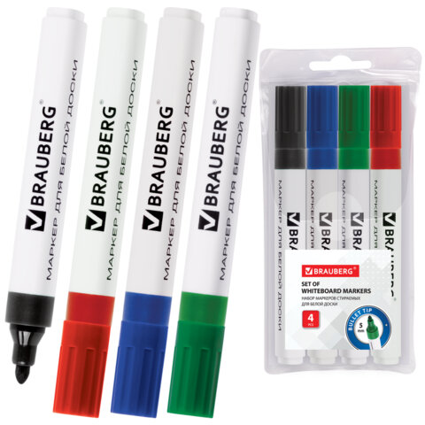 Маркеры стираемые для белой доски НАБОР 4 ЦВЕТА, BRAUBERG, 5 мм, 150417