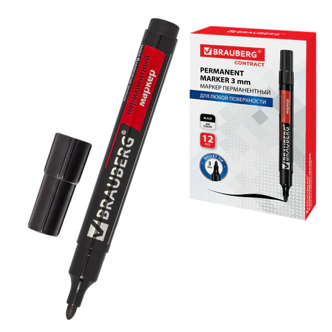 Маркер перманентный BRAUBERG "Contract", ЧЕРНЫЙ, круглый наконечник, 3 мм, 150465