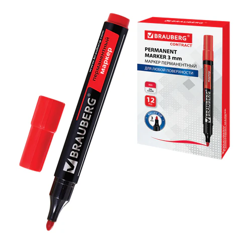 Маркер перманентный BRAUBERG "Contract", КРАСНЫЙ, круглый наконечник, 3 мм, 150467