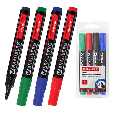 Маркеры перманентные BRAUBERG "Contract", НАБОР 4 ЦВЕТА, круглый наконечник 3 мм, 150474