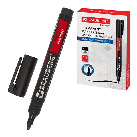Маркер перманентный BRAUBERG "Energy", ЧЕРНЫЙ, круглый наконечник, 3 мм, с клипом,150475