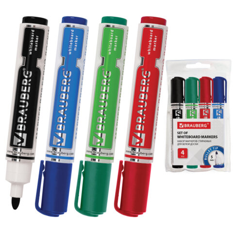 Маркеры стираемые для белой доски НАБОР 4 ЦВЕТА, BRAUBERG "Neo", 5 мм, с клипом, 150491