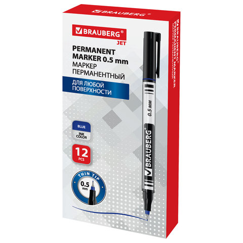 Маркер перманентный BRAUBERG "Jet", СИНИЙ, супертонкий металлический наконечник 0,5 мм, 150508