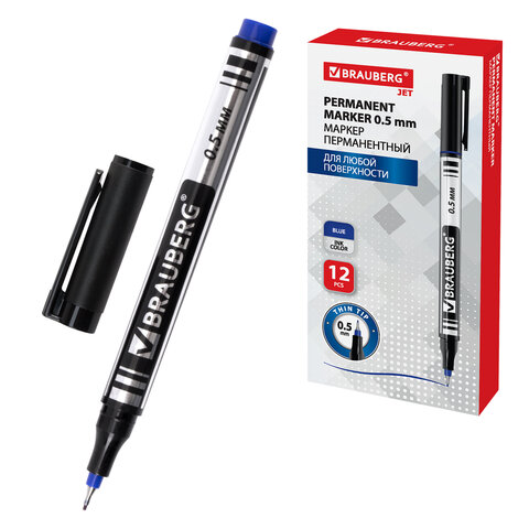 Маркер перманентный BRAUBERG "Jet", СИНИЙ, супертонкий металлический наконечник 0,5 мм, 150508