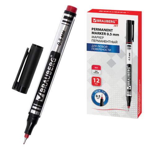 Маркер перманентный BRAUBERG "Jet", КРАСНЫЙ, супертонкий металлический наконечник 0,5 мм, 150509