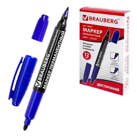 Маркер перманентный двусторонний BRAUBERG, СИНИЙ, круглый наконечник, 2/4 мм, 150837