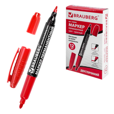 Маркер перманентный двусторонний BRAUBERG, КРАСНЫЙ, круглый наконечник 2/4 мм, 150838