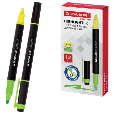 Текстовыделитель двусторонний BRAUBERG, ЖЕЛТЫЙ/ЗЕЛЕНЫЙ, линия 1-4 мм, 150841