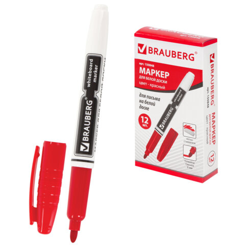 Маркер стираемый для белой доски КРАСНЫЙ, BRAUBERG, 4 мм, с клипом, эргономичный корпус, 150848