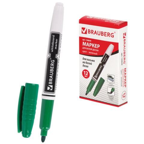 Маркер стираемый для белой доски ЗЕЛЕНЫЙ, BRAUBERG, 4 мм, с клипом, эргономичный корпус, 150849
