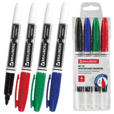 Маркеры стираемые для белой доски НАБОР 4 ЦВЕТА, BRAUBERG, 4 мм, эргономичный корпус, 150850