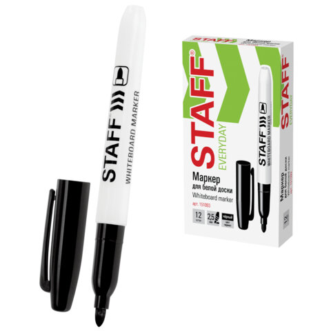 Маркер стираемый для белой доски STAFF "EVERYDAY" WBM-093, ЧЕРНЫЙ, 2,5 мм, тонкий корпус, 151093