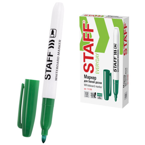 Маркер стираемый для белой доски, STAFF "EVERYDAY" WBM-093, ЗЕЛЕНЫЙ, 2,5 мм, тонкий корпус, 151096