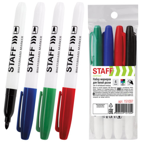 Маркеры стираемые для белой доски STAFF "EVERYDAY" WBM-093, НАБОР 4 ЦВЕТА, 2,5 мм, тонкий корпус, 151097