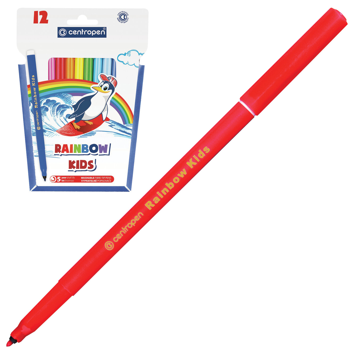 Фломастеры 12 ЦВЕТОВ CENTROPEN "Rainbow Kids", круглые, смываемые, вентилируемый колпачок, 7550/12ET