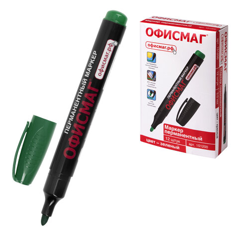 Маркер перманентный ОФИСМАГ, ЗЕЛЕНЫЙ, круглый наконечник, 3 мм, с клипом, 151200