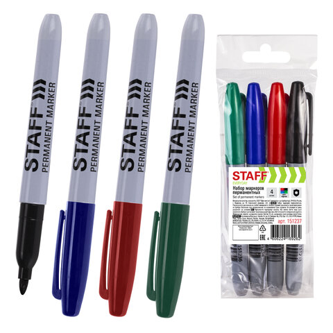 Маркеры перманентные STAFF EVERYDAY PM-233, НАБОР 4 ЦВЕТА, круглый наконечник 2,5 мм, 151237