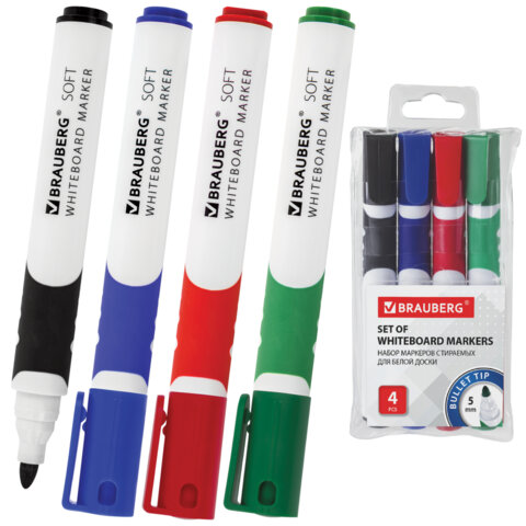 Маркеры стираемые для белой доски НАБОР 4 ЦВЕТА, BRAUBERG "SOFT", 5 мм, резиновая вставка, 151252