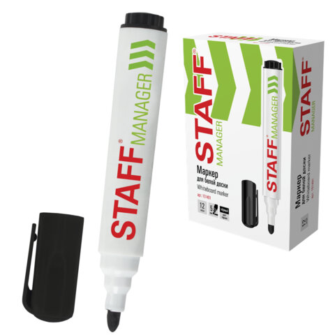Маркер стираемый для белой доски ЧЕРНЫЙ, STAFF "Manager" WBM-491, 5 мм, с клипом, 151491