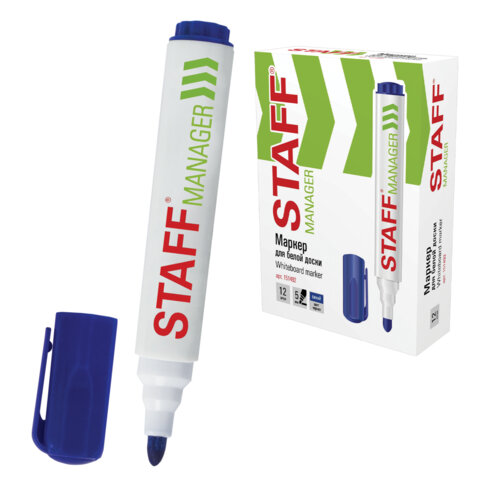 Маркер стираемый для белой доски СИНИЙ, STAFF "Manager" WBM-491, 5 мм, с клипом, 151492