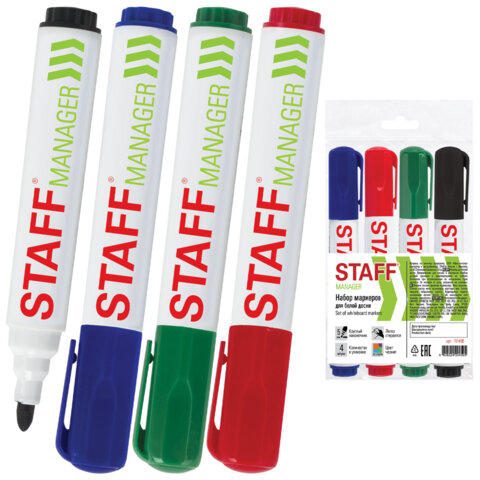 Маркеры стираемые для белой доски НАБОР 4 ЦВЕТА, STAFF "Manager" WBM-491, 5 мм, с клипом, 151495