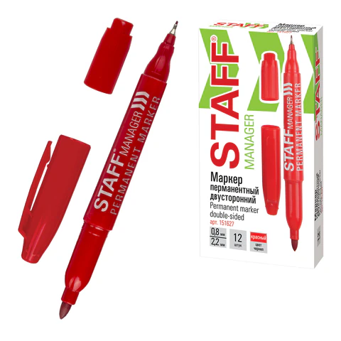Маркер перманентный двусторонний STAFF "Manager" PM-625, КРАСНЫЙ, наконечники 0,8 мм/2,2 мм, 151627
