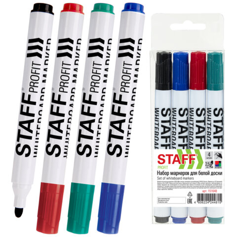 Маркеры стираемые для белой доски НАБОР 4 ЦВЕТА, STAFF "Profit" WBM-644, 2,5 мм, 151648