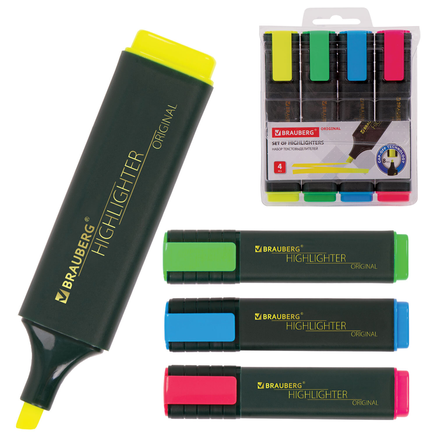 Набор текстовыделителей 4 ЦВЕТА, BRAUBERG "ORIGINAL", линия письма 1-5 мм, 151689