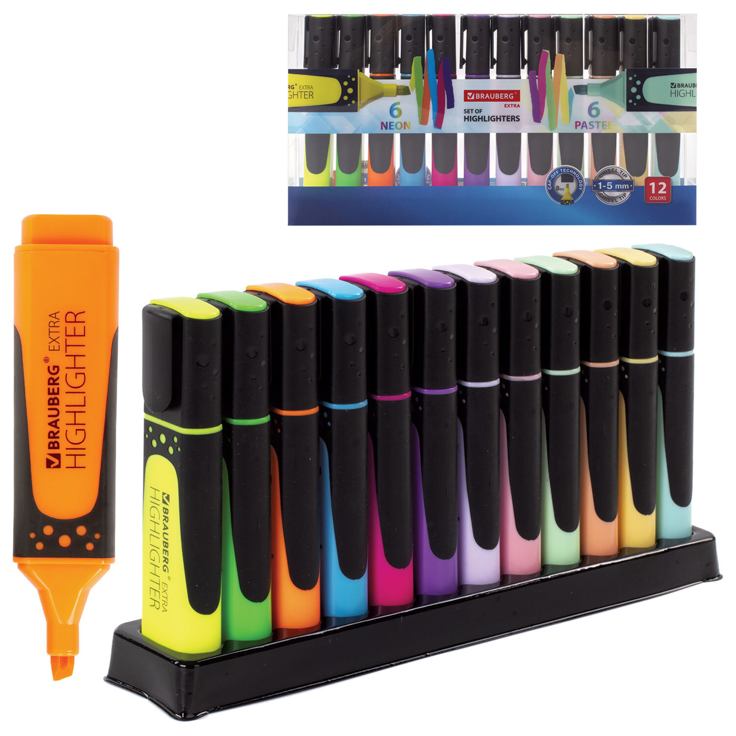 Набор текстовыделителей 12 ЦВЕТОВ на подставке, BRAUBERG "EXTRA", прорезиненный корпус, линия 1-5 мм, 151758